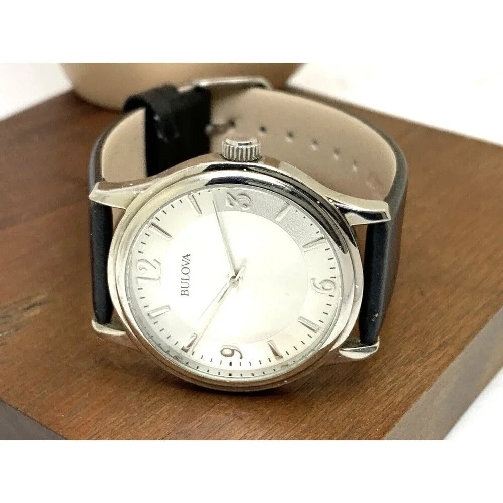Bulova Men's Watch 96A28 Quartz Logo Silver Dial Black Leather Strap 38m…
